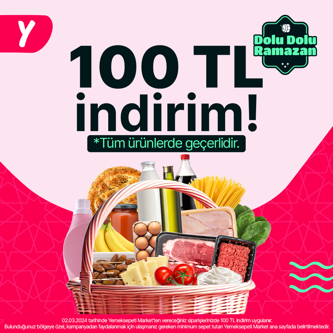 Yemeksepeti Market'in fırsatlarıyla Dolu Dolu Ramazan kampanyaları başladı!🎉 Bugüne özel verilen siparişlerde minimum sepet tutarını tamamlayanlara sepette 100 TL indirim Yemeksepeti Market'te!💖 Sipariş ver: ymk.st/marketramazan0…