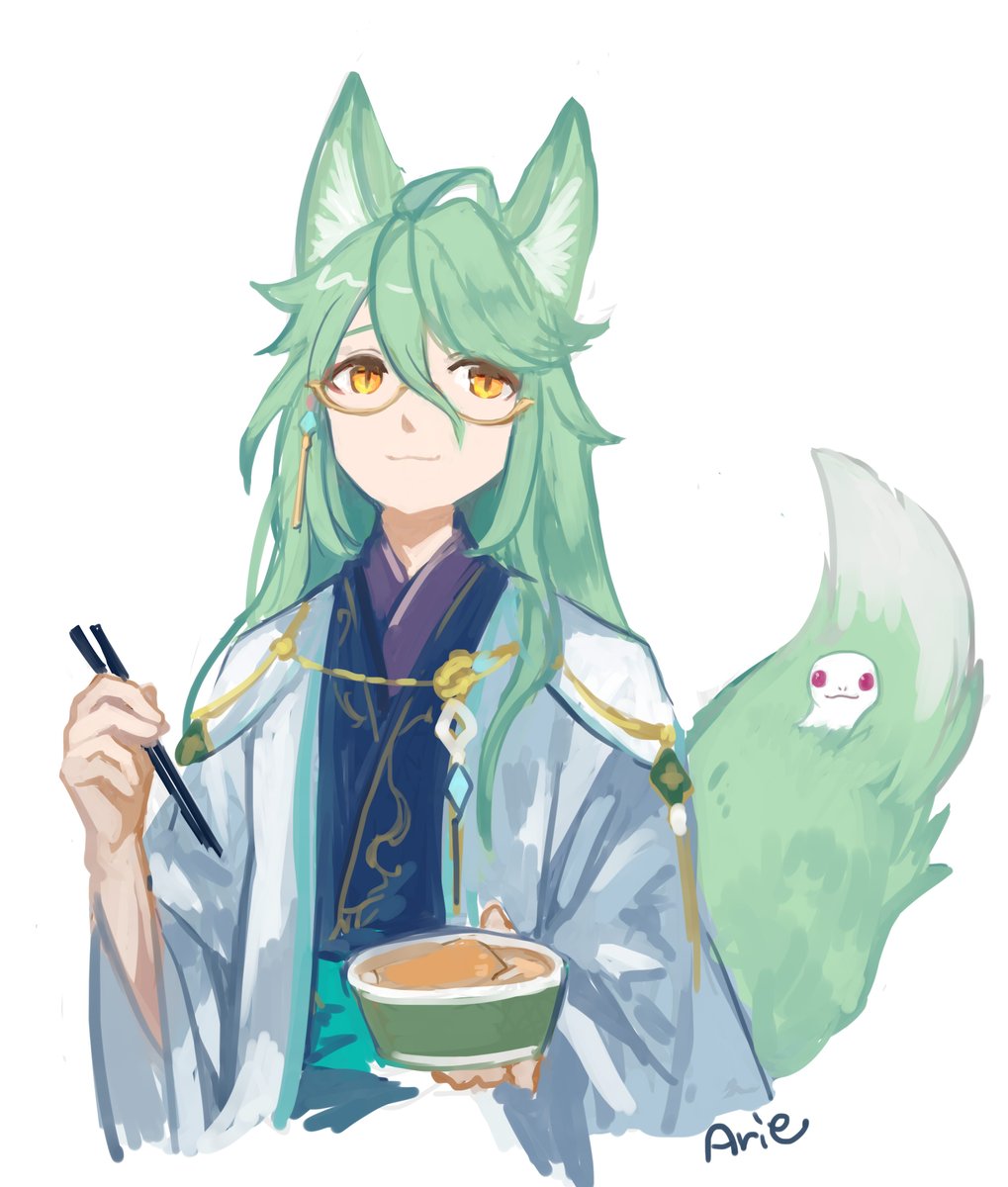 animal ears green hair chopsticks glasses holding fox ears tail  illustration images