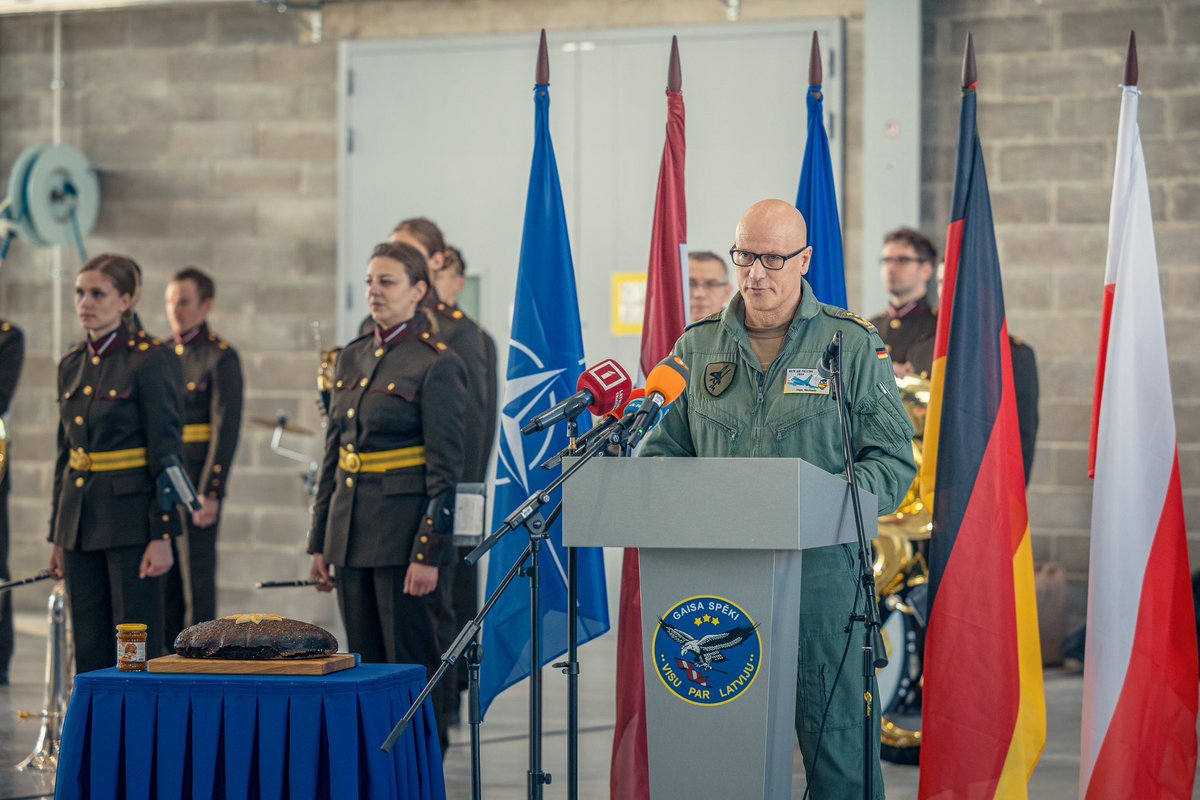 AndrisSpruds's tweet photo. A memorable day for Latvia and @NATO. For the first time NATO Air Policing is carried out from the Lielvārde Air Base. We are grateful to all Allies who have contributed their forces to this mission shielding NATO airspace and protecting our people. The air domain is essential for Allied deterrence and defence. The ability to carry out the mission from multiple locations clearly shows that NATO’s Integrated Air and Missile defence  can be agile, swift and credible in defending our airspace. Thank you @Team_Luftwaffe for your contribution in safeguarding peace in the Baltic region. 
#WeAreNato #StrongerTogether