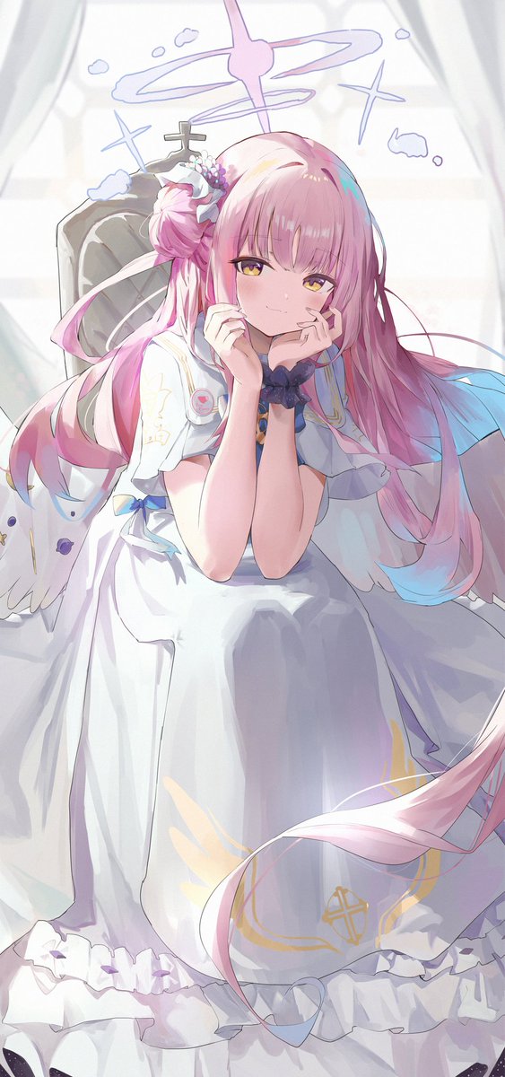 mika (blue archive) 1girl pink hair solo long hair dress wrist scrunchie halo  illustration images