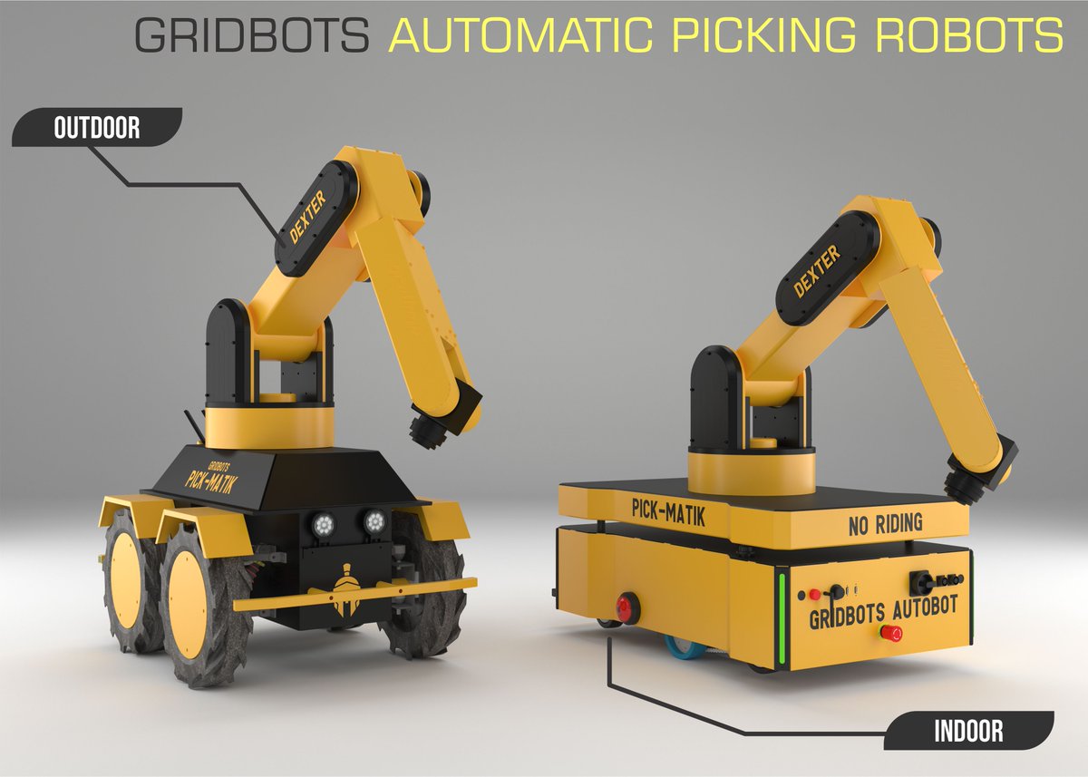 Gridbots PickMATIC - 6 Axis Robotic Arm mounted on AMR/UGV

5/10/20 Kg payload Gridbots Dexter Manipulator with
3D Camera for Pose Estimation & Object Identification provides automated manipulation

Mounted on our proven Aviator and Autobot Platform

#gridbots #mobilemanipulator