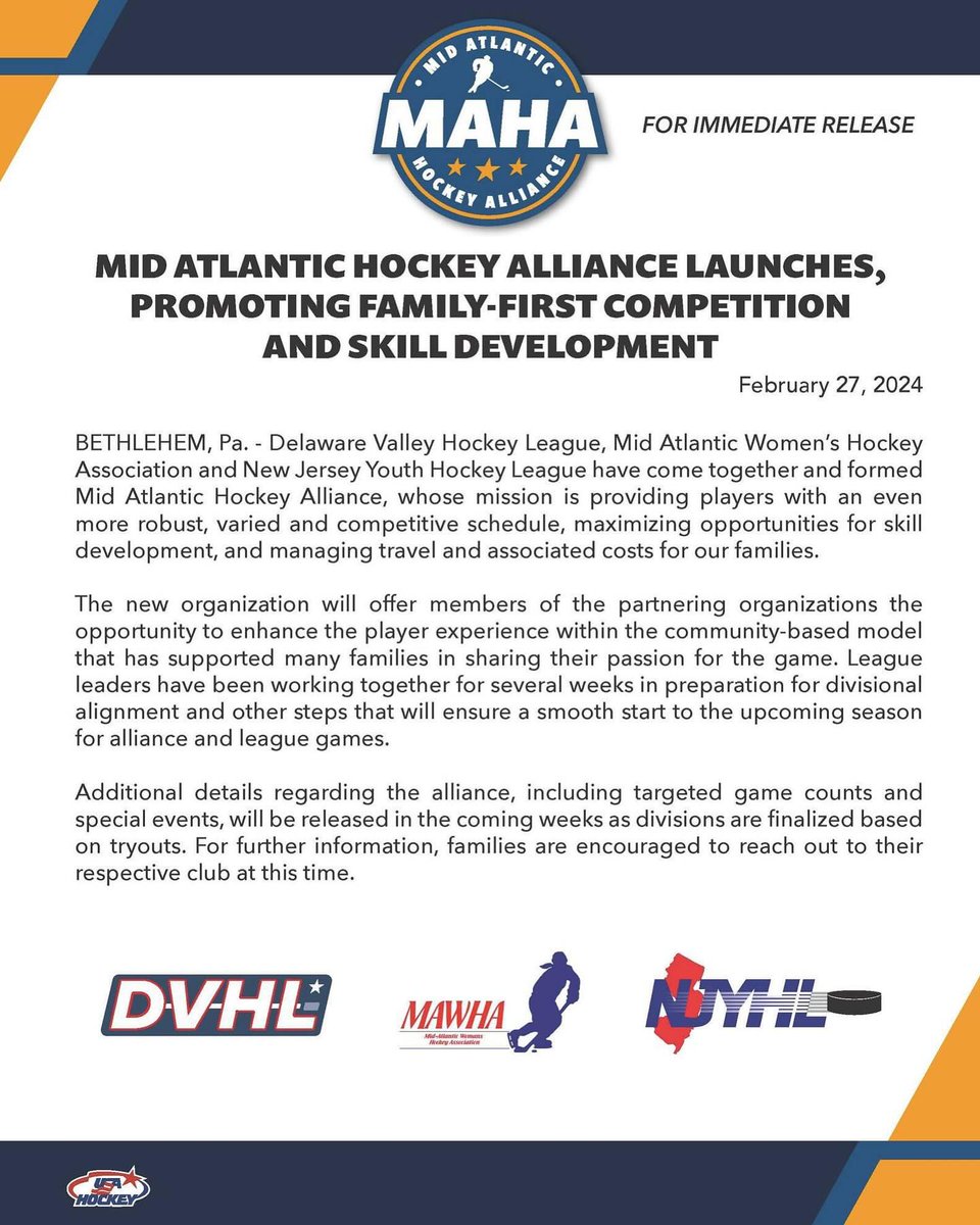 The DVHL, MAWHA, and NJYHL have come together to form the Mid Atlantic Hockey Alliance. #jrbluehens #hockey
Read the DVHL’s full press release here:
dvhl.org/news_article/s…