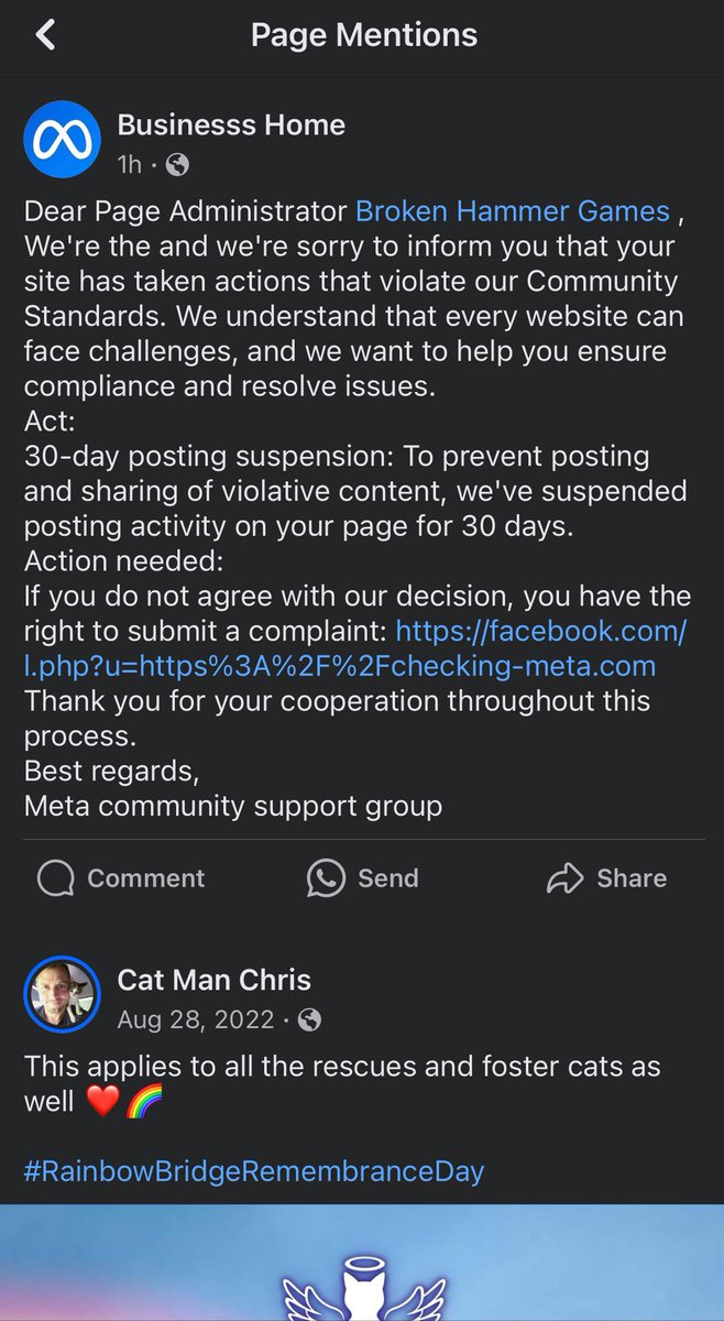 So we got banned for sharing a cat memorial page? 

Welcome to Facebook! Where the Zucker Reich is eternal! 

Think it’s time to leave Facebook. 

#censorship #facebooksucks #FreeSpeech #catmemorial #excessive