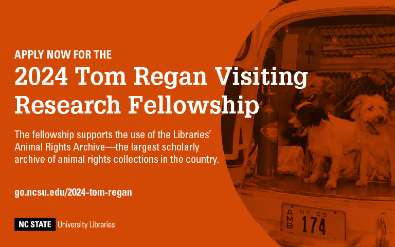 DEADLINE APRIL 30 for the annual Tom Regan Visiting Research Fellowship, offered by @ncsulibraries & @cultureanimals For full info and to apply lib.ncsu.edu/news/main-news…