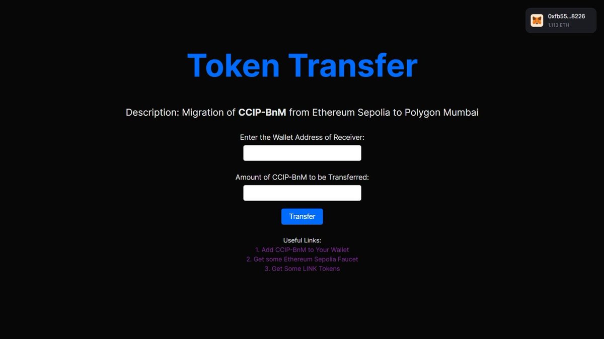 Excited to share my latest project! I just created a token transfer project to test CCIP-BnM token transfers from Ethereum to the Polygon testnet. Thanks to @PatrickAlphaC , @CyfrinUpdraft , and @thirdweb for the fantastic support! Suggestions for improvement are welcome.