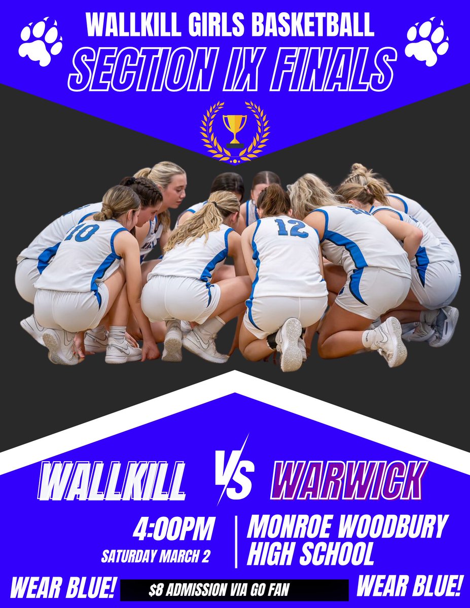 Today is GAME DAY!! Come out and support the Panthers as they take on the Warwick Wildcats for the Section IX Championship!!! It is a 💙BLUE OUT💙, wear blue to support the Panthers!🐾 Tip-off is scheduled for 4:00pm at Monroe-Woodbury High School.