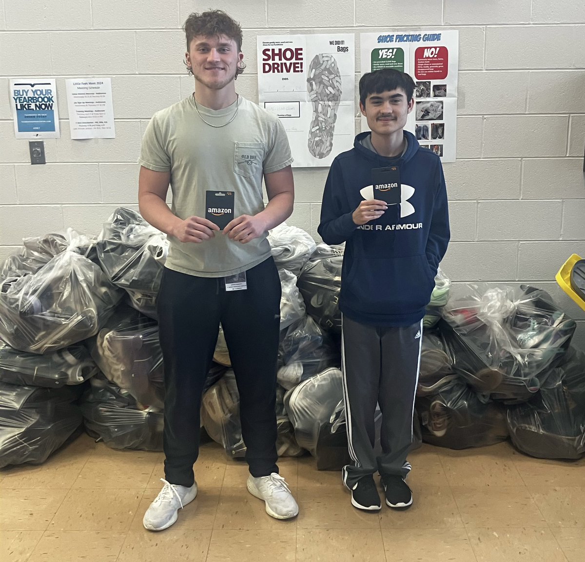 We are excited to announce that thanks to your help, we have collected 367 pairs of shoes for families in our community! 

Thanks to all who helped contribute, and congrats to Thomas Uzzle and Landon Mazgure who won the contest for most shoes collected!