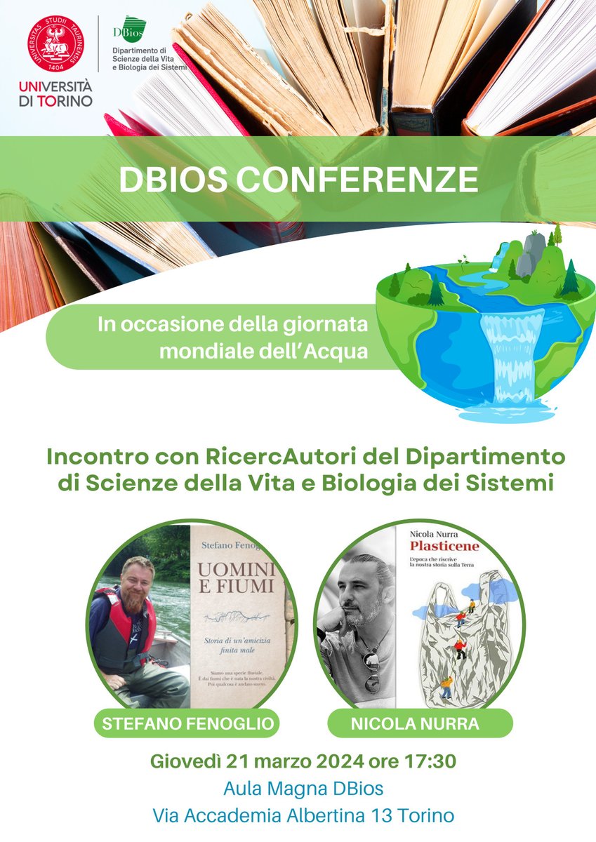 DBIOS Conferenze - il 21 marzo 2024, dalle 17:30, i RicercAutori del DBios Stefano Fenoglio e Nicola Nurra presenteranno i loro saggi dedicati al rapporto tra uomini e corsi fluviali, e all'impatto della plastica sul nostro ecosistema marino e di superficie Ingresso libero