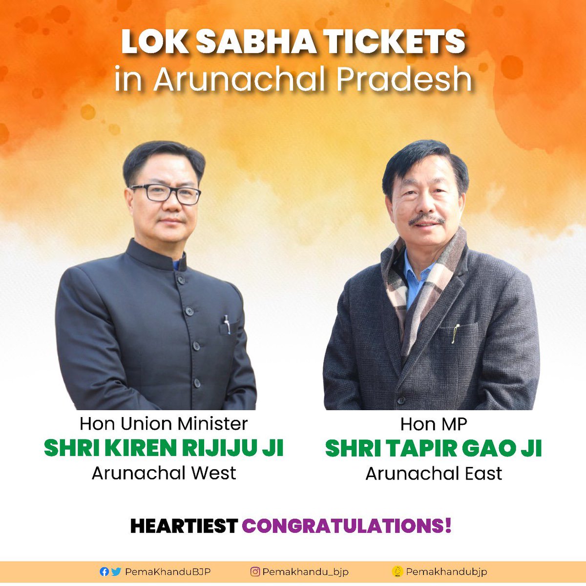 Heartiest congratulations to Hon Union Min Shri @KirenRijiju Ji & Hon MP Shri @TapirGao Ji, on being given the @BJP4India tickets for upcoming Lok Sabha elections from Arunachal West and Arunachal East constituencies, respectively. Backed by love and support of the people, Shri…