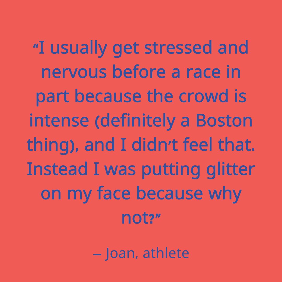 'I usually get stressed and nervous before a race in part because the crowd is intense (definitely a Boston thing), and I didn’t feel that. Instead I was putting glitter on my face because why not?' Thanks Joan and good luck running the Tokyo Marathon!