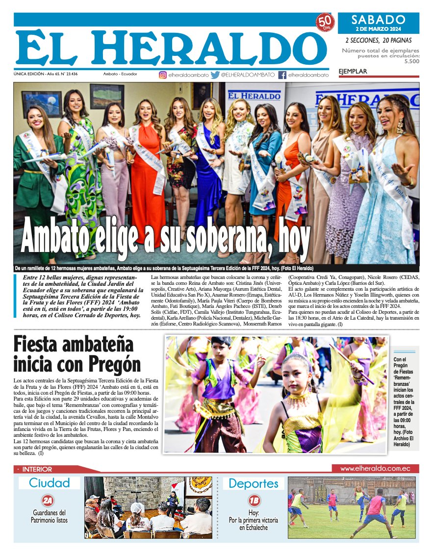 ElHeraldoAmbato's tweet photo. #Ambato | 📲#DiarioElHeraldoAmbato presenta la portada de su versión impresa de hoy 02 de marzo de 2024, fecha en la que se recalca la principal información de la urbe ambateña y #Tungurahua en este día. 📰 https://t.co/ErwfMH5fgA