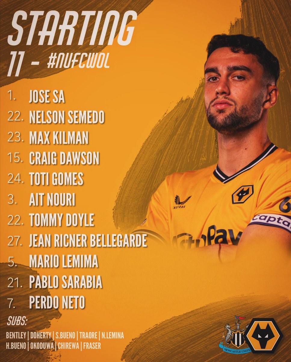 𝐒𝐓𝐀𝐑𝐓𝐈𝐍𝐆 𝐗𝐈 𝐕𝐒 𝐍𝐄𝐖𝐂𝐀𝐒𝐓𝐋𝐄:

- No Joao Gomes in the squad at all… 🤔

- Worst bench Wolves have had for a while! 😬

- Noha Lemina makes the bench for the first time along with 15 YEAR OLD Okoduwa 🤯

[ #WWFC | #COYW ]