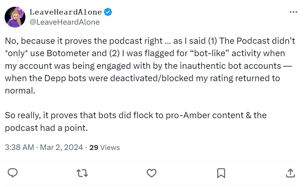 Rebecca doubles down with her extremely flawed argument which lacks logic on why her account was classified as a bot.
Rebecca, till this day you comment on every single post about Depp and that what bots/trolls do. Your inability to understand it tells a lot about your intellect.