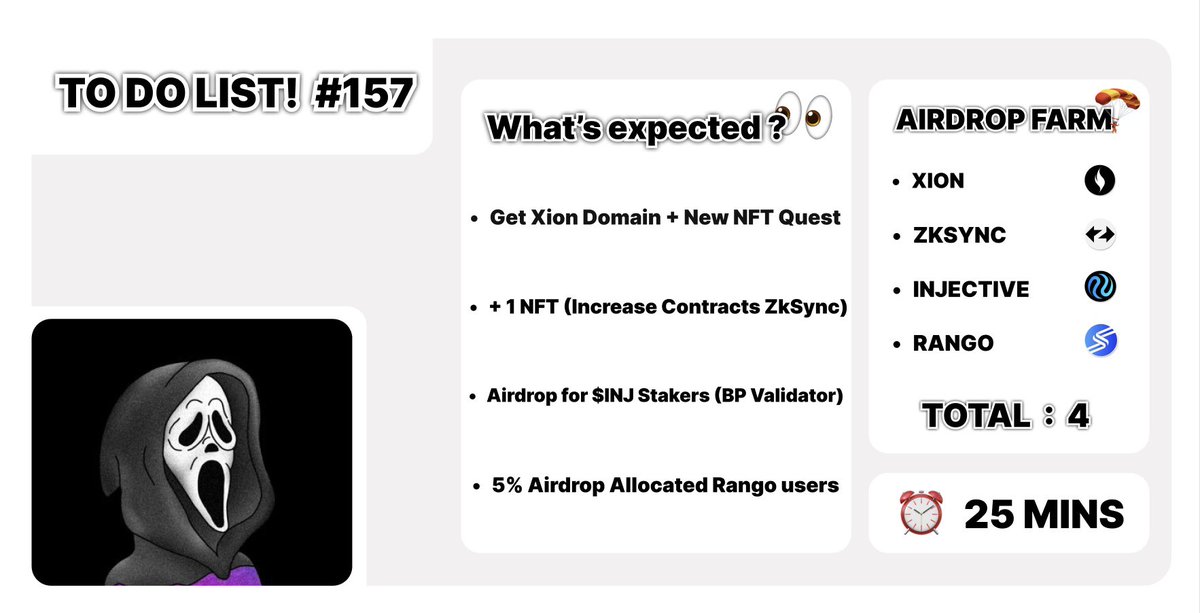TO DO LIST! #157

🔹 Get XION Domain + New NFT Quest
🔗 - xion.moseiki.app/?ref=56a4f5ff-…
🔗 - xion.bonusblock.io/?r=dFMdKN9c

🔹 + 1 NFT (Increase Contracts ZkSync)
🔗 - zkaddition.nfts2.me

🔹 Airdrop for $INJ Stakers (Black Panther Validator)
🔗 - hub.blackpanther.fi/airdrop

🔹 5% Airdrop