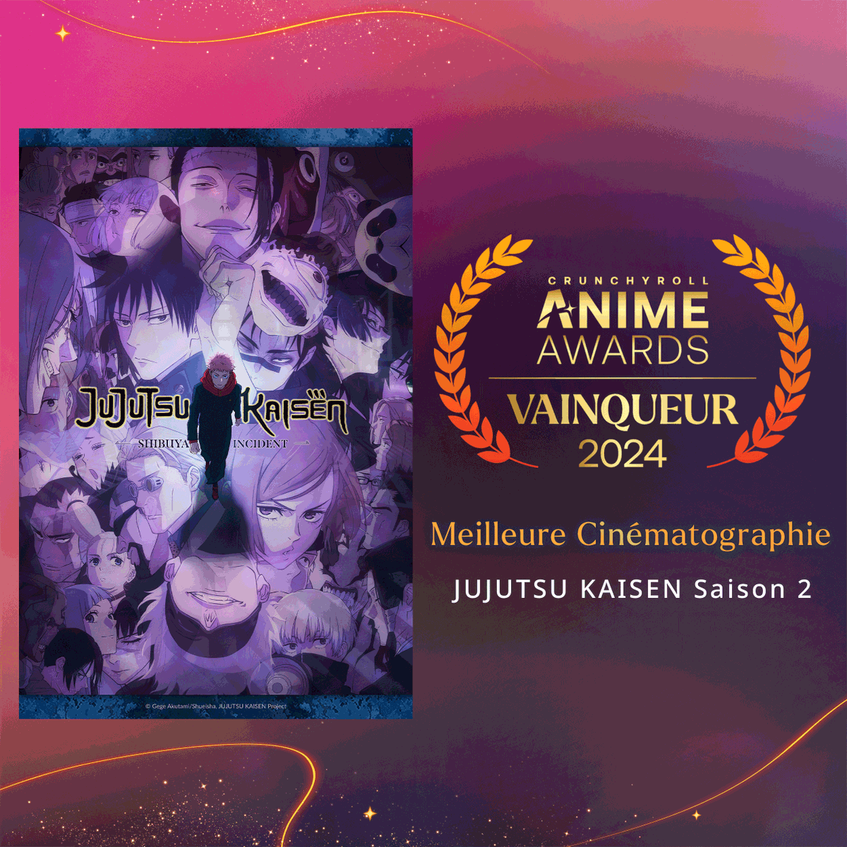 @SpyFamilyAnime @Chainsaw_FR Bravo à MAPPA pour les travaux. 👏 Jujutsu Kaisen S2 repart avec l'award de la Meilleure Cinématographie ! #AnimeAwards