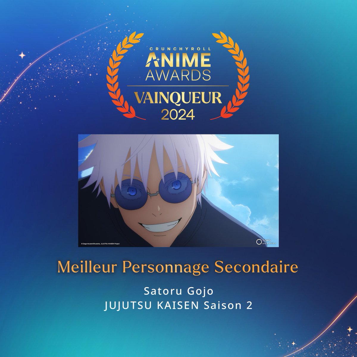 @SpyFamilyAnime @Chainsaw_FR @Jujutsu_anime Tout simplement le GOAT. Gojo repart avec l'Anime Awards du Meilleur Personnage Secondaire !