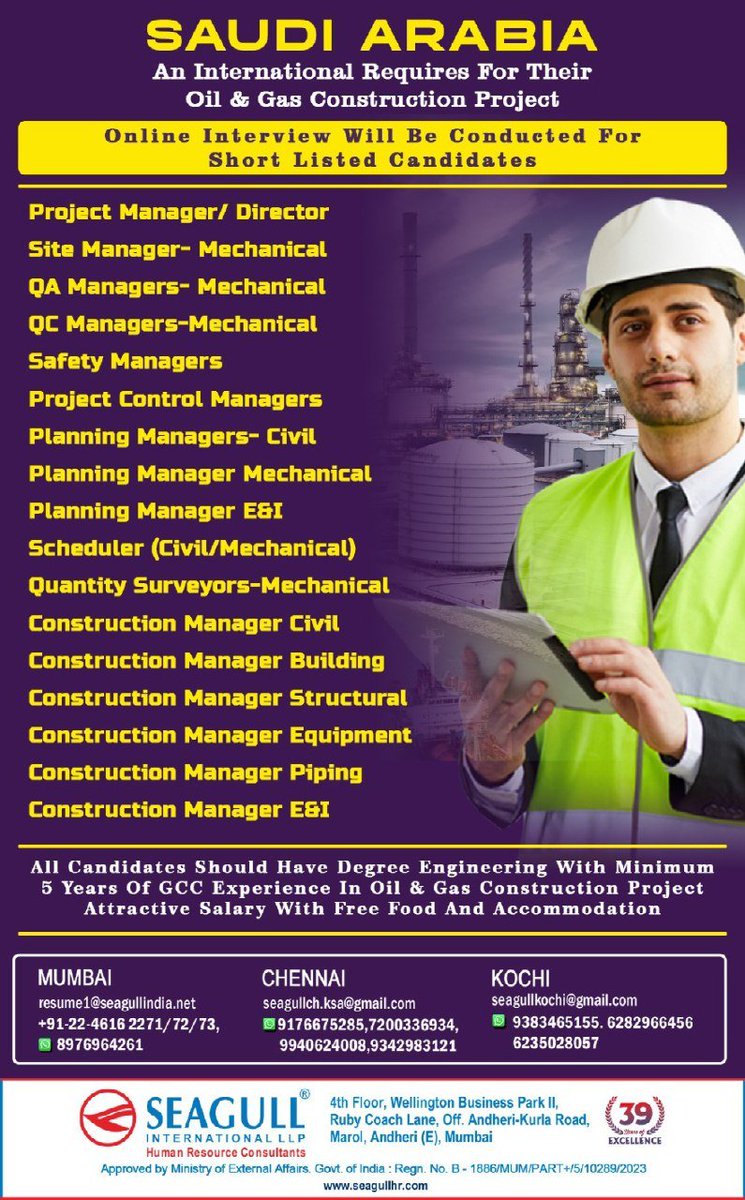 hrd1_seagull's tweet photo. 🇸🇦Saudi Arabia Jobs
💻 Online Interview Will Be Conducted For Short Listed Candidates
📍Location - Mumbai , Chennai & Kochi
.
.
.
#saudiarabiajobs #seagull #projectmanager #sitemanager #qamanager #qcmanager #safetymanager #planningmanager #constructionmanager https://t.co/8NNuMJFS24