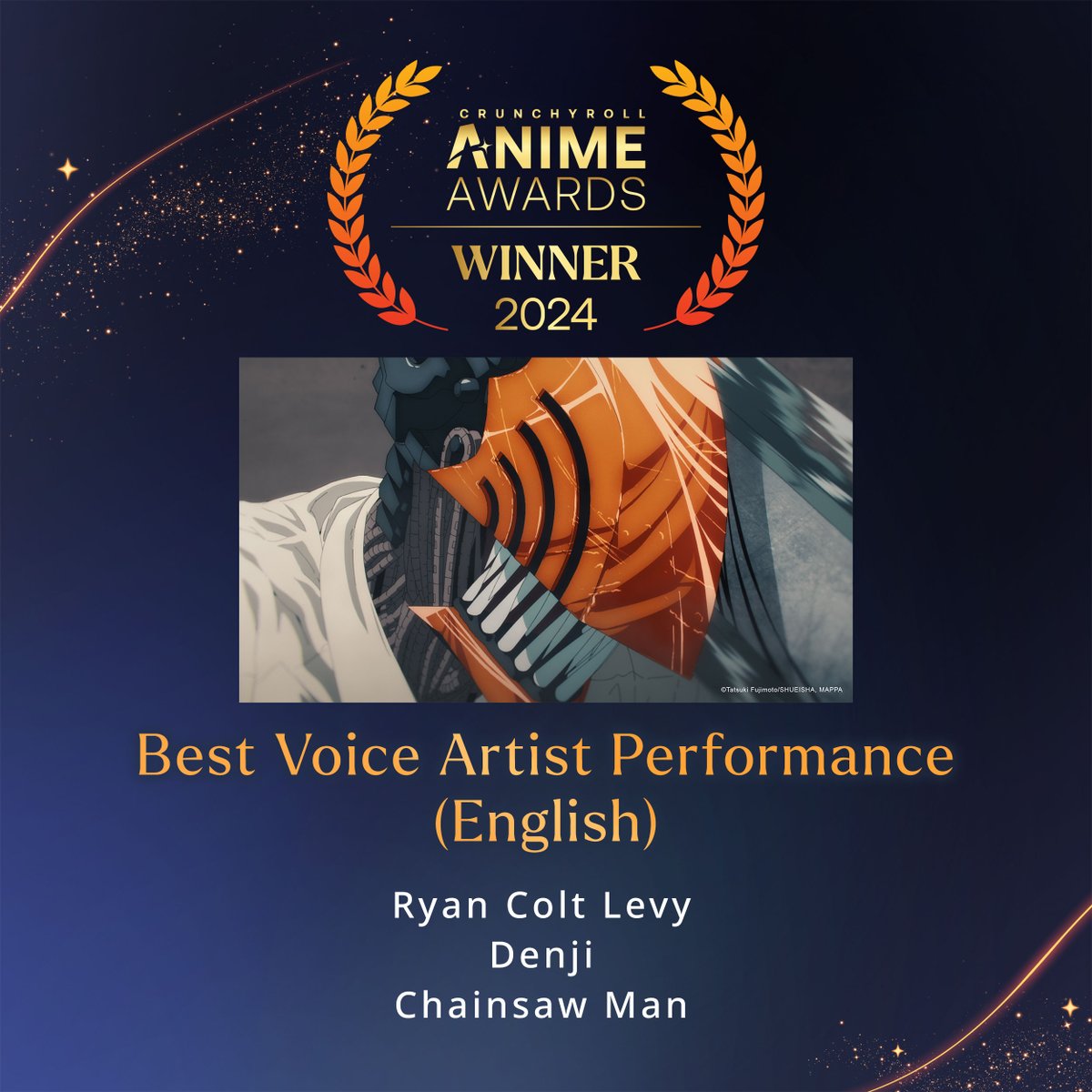 The 2024 #AnimeAwards winner for Best VA Performance (English) goes to @ryancoltlevy for their role as Denji in Chainsaw Man! ✨ More: got.cr/aa24winners-tw