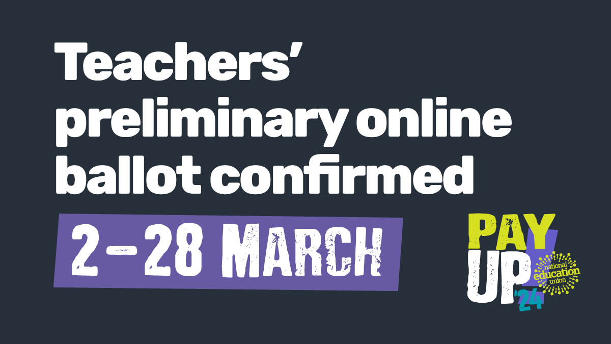 🚨 ⏰ Today is the day! Check your email from 12noon! 📨

Voting links for our preliminary ballot will drop today – vote straight away and vote YES.

We have to send a message to Government – we need a fully funded, inflation-plus pay rise and schools need more funds. #PayUp24
