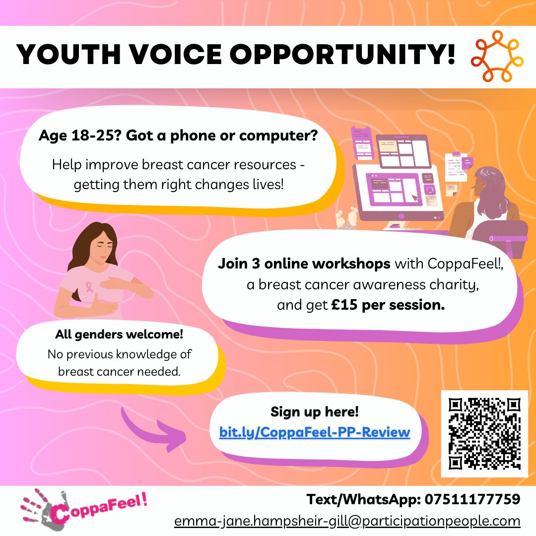 NEW youth voice opportunity 📣

Join 3 workshops with @CoppaFeelPeople, a breast cancer awareness charity, and get £15 per session.

Sign up here: bit.ly/CoppaFeel-PP-R…

Help us improve breast cancer resources and change lives 💪

#MakeADifference #YouthRecruitment
