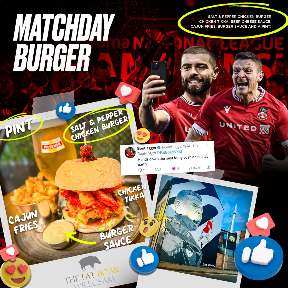 🍔 ⚽ M A T C H D A Y • B U R G E R ⚽ 🍔 Here's tomorrow's matchday burger... 🍔 Salt & Pepper Chicken Burger 😋 Chicken Tikka 🧀 Beer Cheese Sauce 🍟 Cajun Fries 🍅 Burger Sauce 🍺 Pint £13.50 ❗BOOK NOW ❗