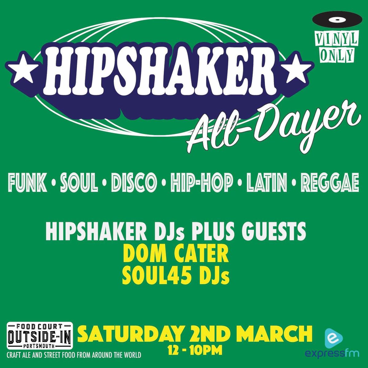 TODAY! @hipshaker_uk return to the Outside-In Food Court for another #Vinyl Only All-Dayer from Noon featuring DJ's Dom Cater, @soul45djs & Hipshaker DJ’s @chezmod & Dave Clark playing #Funk, #Soul, #Disco & more!

🍔 Plus, a fully stocked Bar & the best Street Food in town too!