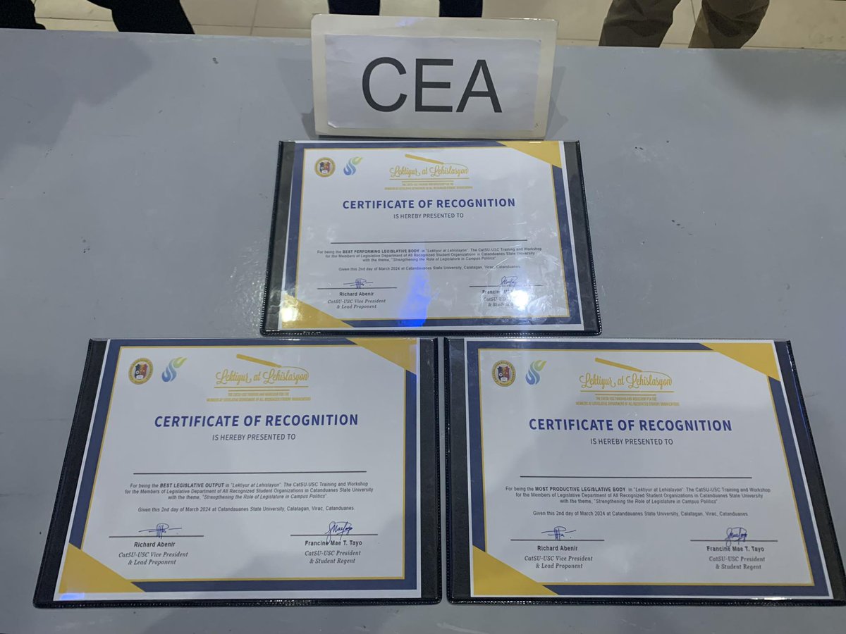 3 Major Awards won 
'College of Engineering and Architecture'

-Best Performing Legislative Body
-Best Legislative Output
-Most Productive Legislative Body

CEA, CEA, CEA Slay!!