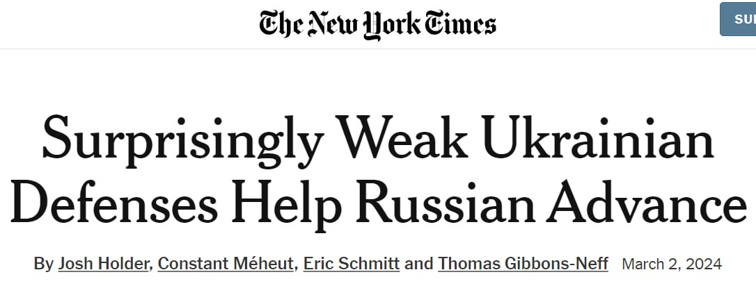 Оборона ВСУ на удивление слабая, пишет New York Times

Российские войска продолжают добиваться небольших, но быстрых успехов за пределами Авдеевки, что отчасти объясняется истощением украинских боеприпасов и сокращением западной помощи, пишет The New York Times.

Но есть ещё одна