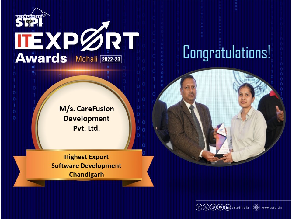 STPI-Mohali Congratulates M/s. CareFusion Development Pvt. Ltd.!!Awarded as “Highest Export –Software Development from Chandigarh” during STPI Awards – Mohali. #TiEConChandigarh #Digitalindia #STPIINDIA @arvindtw @DeveshTyagii @GoI_MeitY @ErGuptaAshok