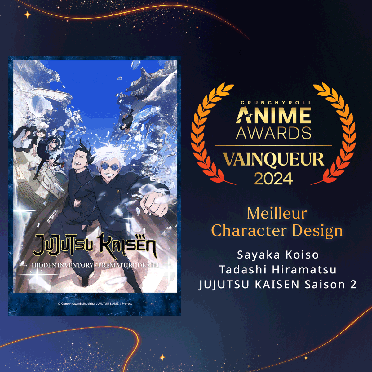 @SpyFamilyAnime @Chainsaw_FR @Jujutsu_anime L'award du Meilleur Character Design est attribué à Jujutsu Kaisen S2 ! 🏆 #AnimeAwards