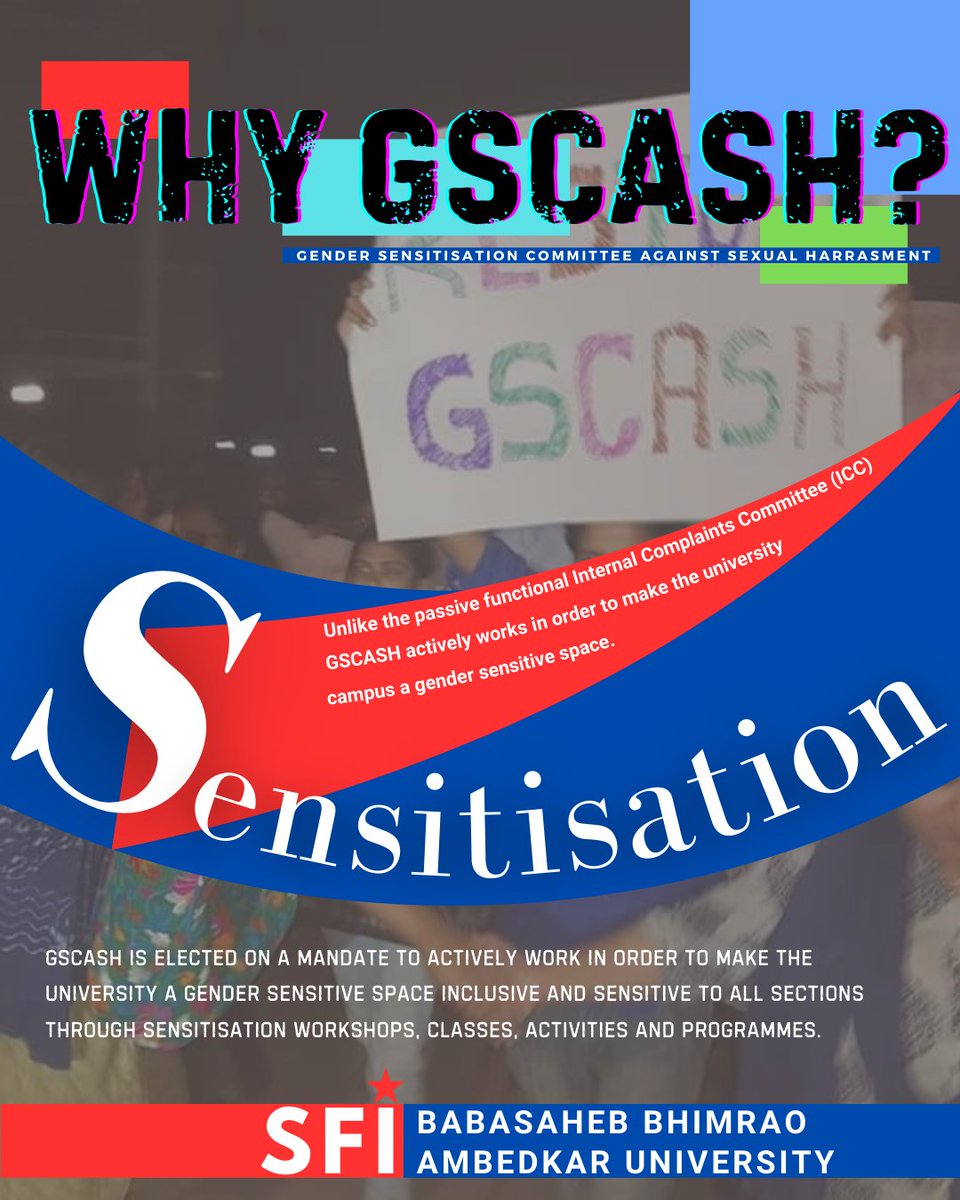 SfiBbau's tweet photo. *Why #GSCASH?*
*Because unlike the Internal Complaints Committee (#ICC), #GSCASH works to create gender sensitization in the campus.*
@DharDipsita @MayukhDuke @SFI_CEC @sfi_up @VP_Sanu @BbauSocialmedia https://t.co/EfSh40J0px
