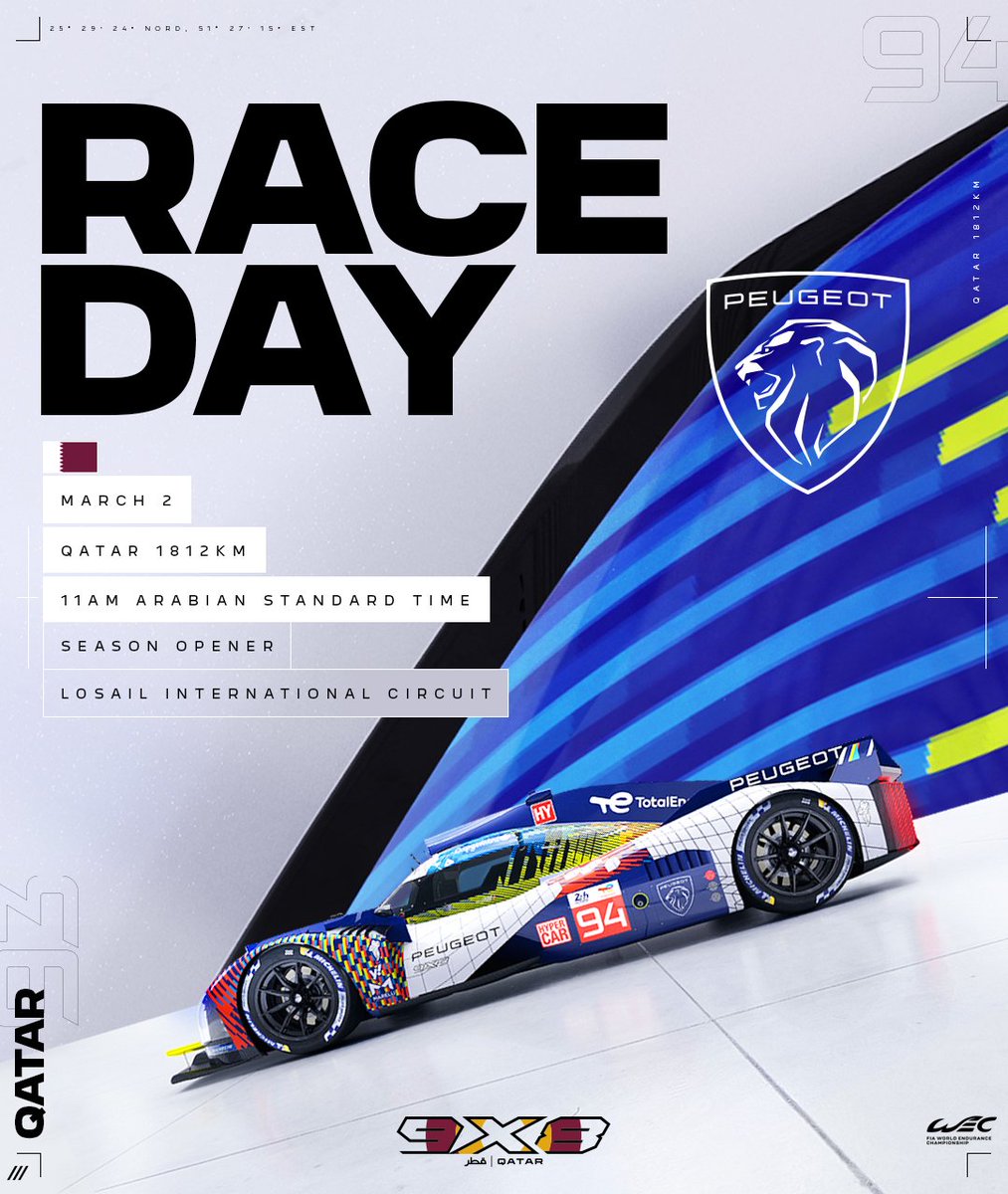 It’s race day! Are you ready to roar your support for our team and the Peugeot 9X8 #93 and #94 as they take on the first round of the 2024 FIA WEC season?! #Peugeot9X8 #AllureBornToRace #Qatar1812KM