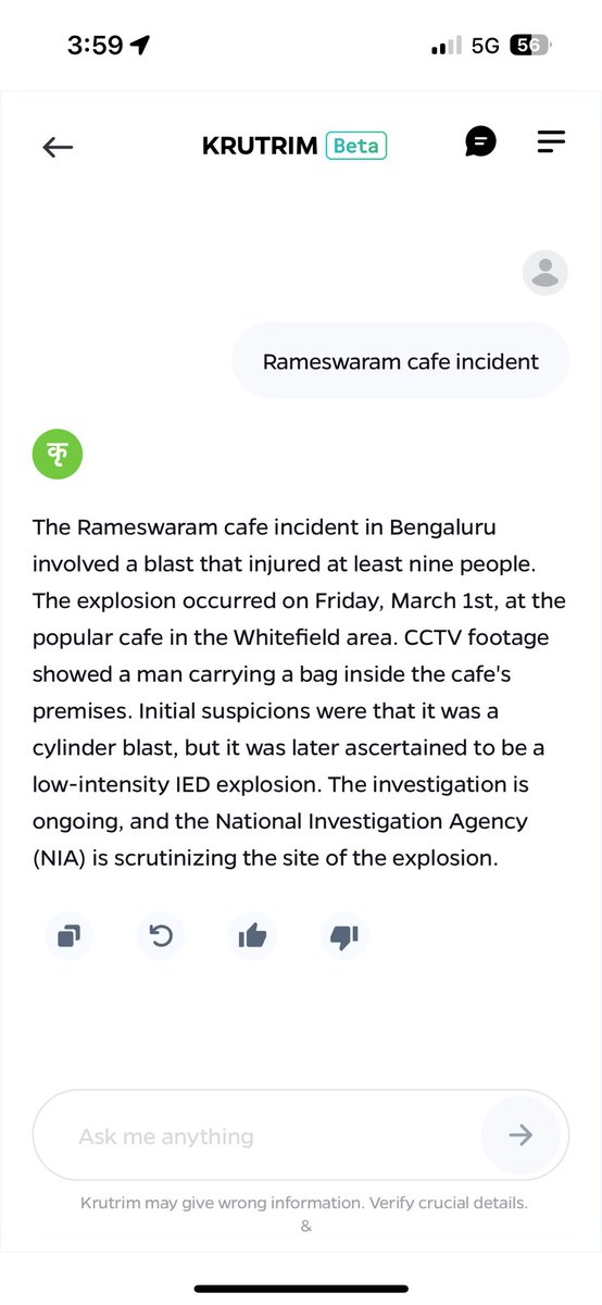 .@Krutrim now has capabilities to give you real time content too. We’re still working on making it more accurate. Over the course of next few weeks a lot of improvements and features will be pushed! Do keep sharing all feedback.