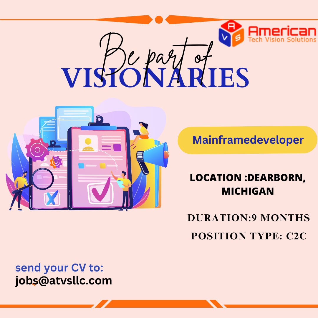 TechAtvs's tweet image. 🚀 Exciting Opportunities for #Mainframedeveloper at American Tech Vision Solutions! We are actively seeking skilled candidates to join our dynamic team. If you have a passion for machine learning, send your resume to jobs@atvsllc.com.