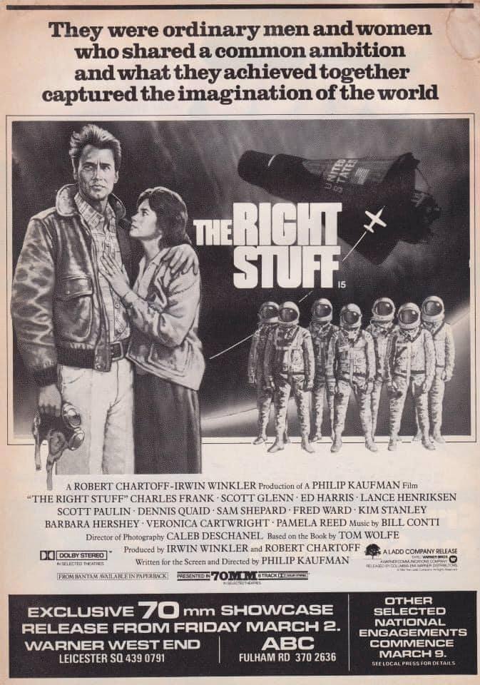 Forty years ago today, London cinema audiences had The Right Stuff... #TheRightStuff #1980s #film #Films #PhilipKaufman #SamShepard #ScottGlenn #EdHarris #BarbaraHershey #FredWard #DennisQuaid #LanceHernriksen