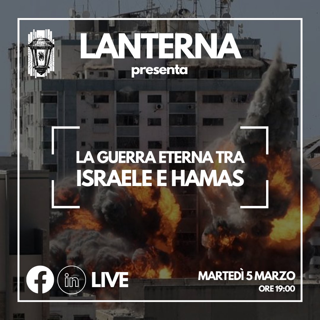 🔴 "LA GUERRA ETERNA TRA ISRAELE E HAMAS". Il direttore Alessandro Verrelli dialogherà con: 

● Carlo Biffani, autore de "L'inferno e il diluvio", direttore generale di Security Consulting Group

● Barbara Mascitelli, caporedattrice Esteri di Lanterna