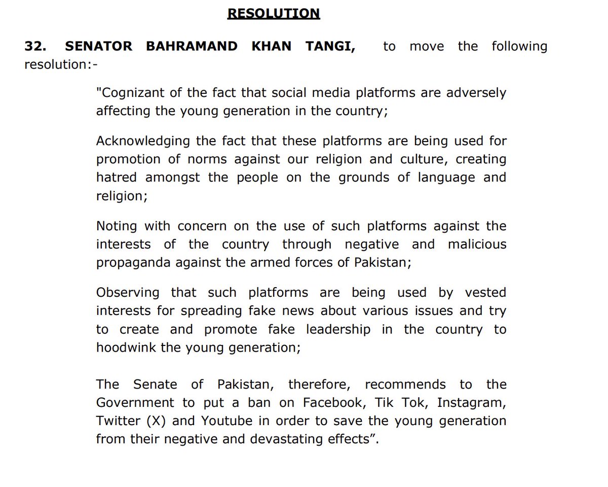 Senator Bahramand Khan Tangi moves a resolution in the Senate calling for a ban on 'Facebook, Tik Tok, Instagram, Twitter (X) and Youtube in order to save the young generation.' Tangi was expelled from PPP and had his basic membership cancelled last month.