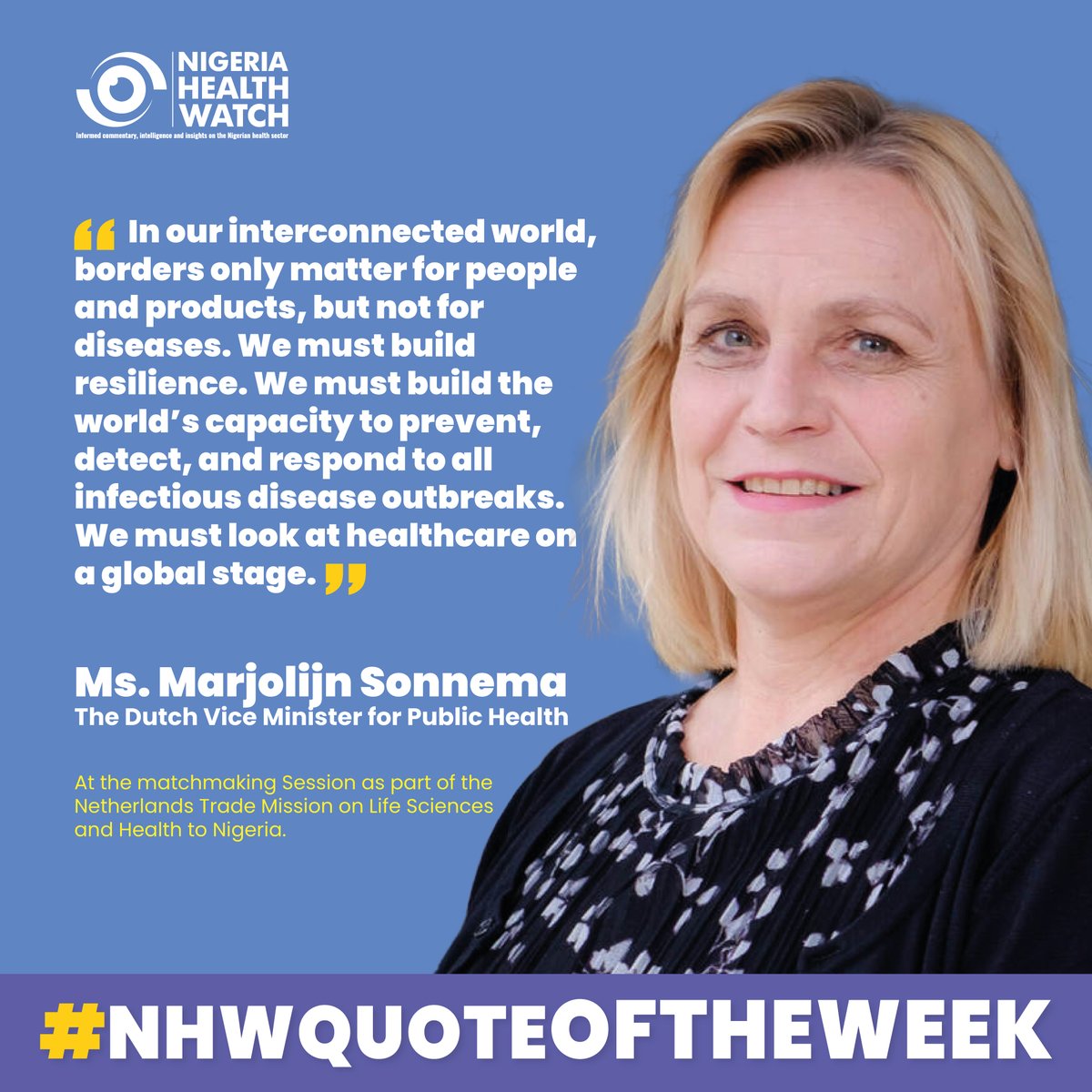 #NHWQUOTEOFTHEWEEK

Our world is so interconnected that an infectious disease outbreak can spread across continents in a matter of hours.

Building countries' capacities to better prepare for and respond to disease outbreaks is critical to ensuring a healthier and safer world.