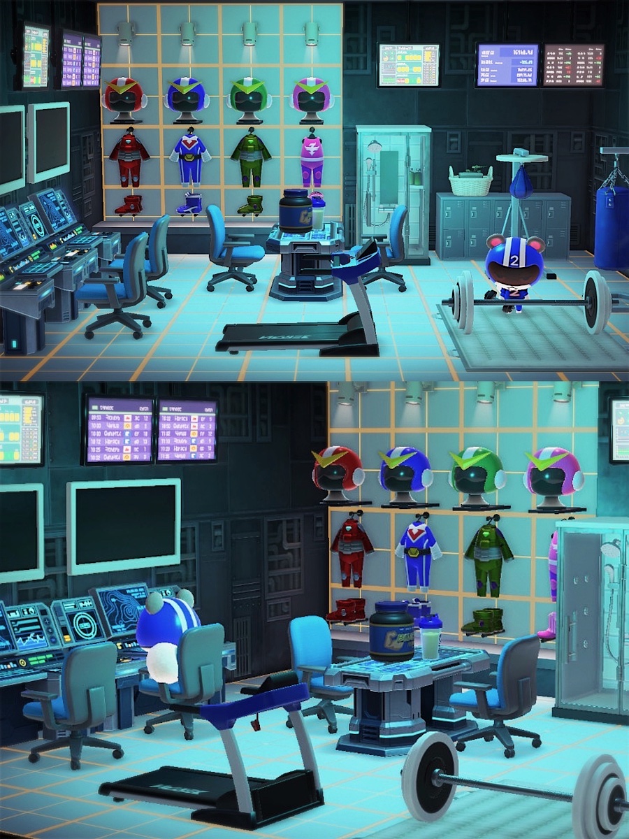 2ごうの別荘は正義の味方の訓練場‼️
正義の味方は常に戦いに備えています。体を鍛えるのはもちろんのこと、監視モニターで悪を見逃しません！緊張感が漂う仕事ですが、溢れる正義感は抑えられないのです🦸
#ハッピーホームパラダイス　#あつ森　#ハピパラ　#AnimalCrossing #ACNH #happyhomeparadise