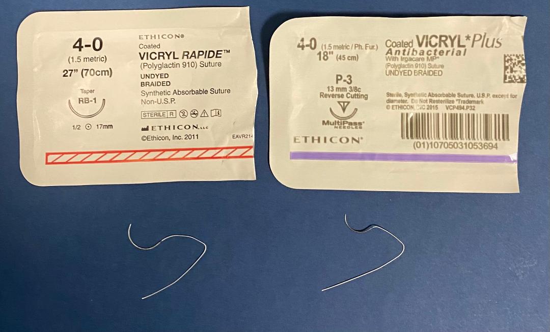 Vicryl Rapide and 'regular' Vicryl sutures look the same and feel the same when you're tying with them...but they are NOT the same sutures and they may NOT be used interchangeably.

Vicryl Rapide will lose its strength in only 7-10 days, unlike 'regular' Vicryl (~3 weeks).