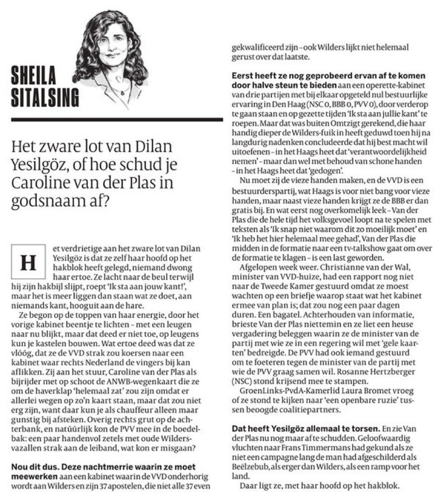 Het zware lot van #Dilan #Yesilgöz, of hoe schud je Caroline van der Plas in godsnaam af? 

Pracht column van #SheilaSitalsing id <a href="/volkskrant/">de Volkskrant</a>.

‘Het verdrietige aan het zware lot van Dilan Yesilgöz is dat ze zelf haar hoofd op het hakblok heeft gelegd, niemand dwong haar ertoe’.
