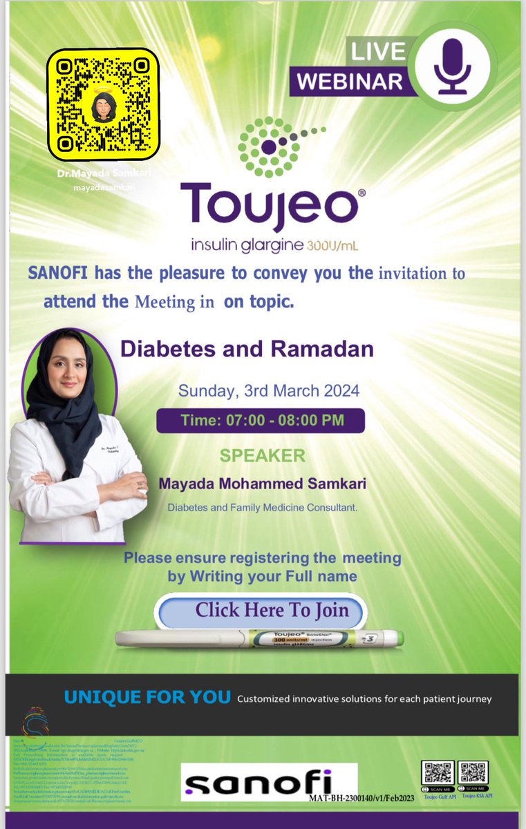 Dear Doctor,

On behalf of Sanofi, I am pleased to invite you to my Lecture: 
#Diabetes and #Ramadan

Timing: Sunday tomorrow evening  ⏰             
      *(03 March , 07:00 PM)*

CME hours ✅

Zoom link:
zoom.us/j/91409523349?…

Registration link:
forms.office.com/pages/response…