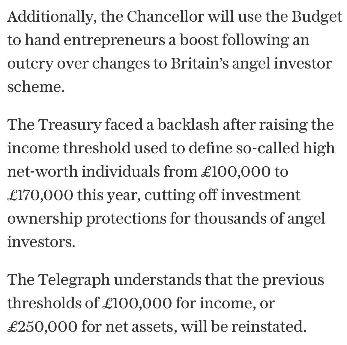 Very pleased to hear that @hmtreasury plans to reverse changes to angel investment rules to make sure funding (in particular to female and underrepresented founders) continues to flow. 👏👏👏