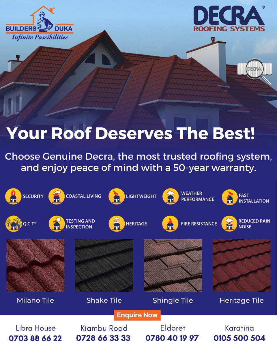 DukaLtd's tweet image. Invest in Decra Roofing Tiles for a lifetime of benefits! Harvest rainwater, preserve vibrant colors and say goodbye to chip loss, rust and corrosion. 
With a 50-year warranty, trust in durability and longevity. Upgrade your roof today! 
#DecraRoofing #GenuineDecra #BeyondCompare