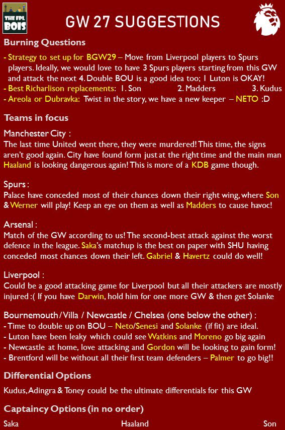 Okay Folks.

Gameweek 27 deadline is only a few hours away! If you're still confused, here’s what we think 🙌

Note:
- Listen to others, but always do as per your own instinct.
- Plan your moves with GW29 in mind

Follow us <a href="/thefplbois/">The FPL Bois</a>

#FPL