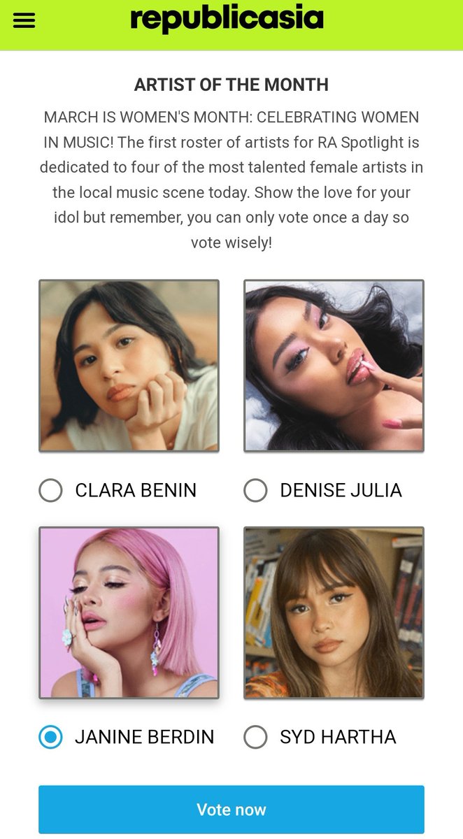 Janine Berdin🤘 

here's the link to vote for our fave:
republicasiamedia.com/#ra-spotlight