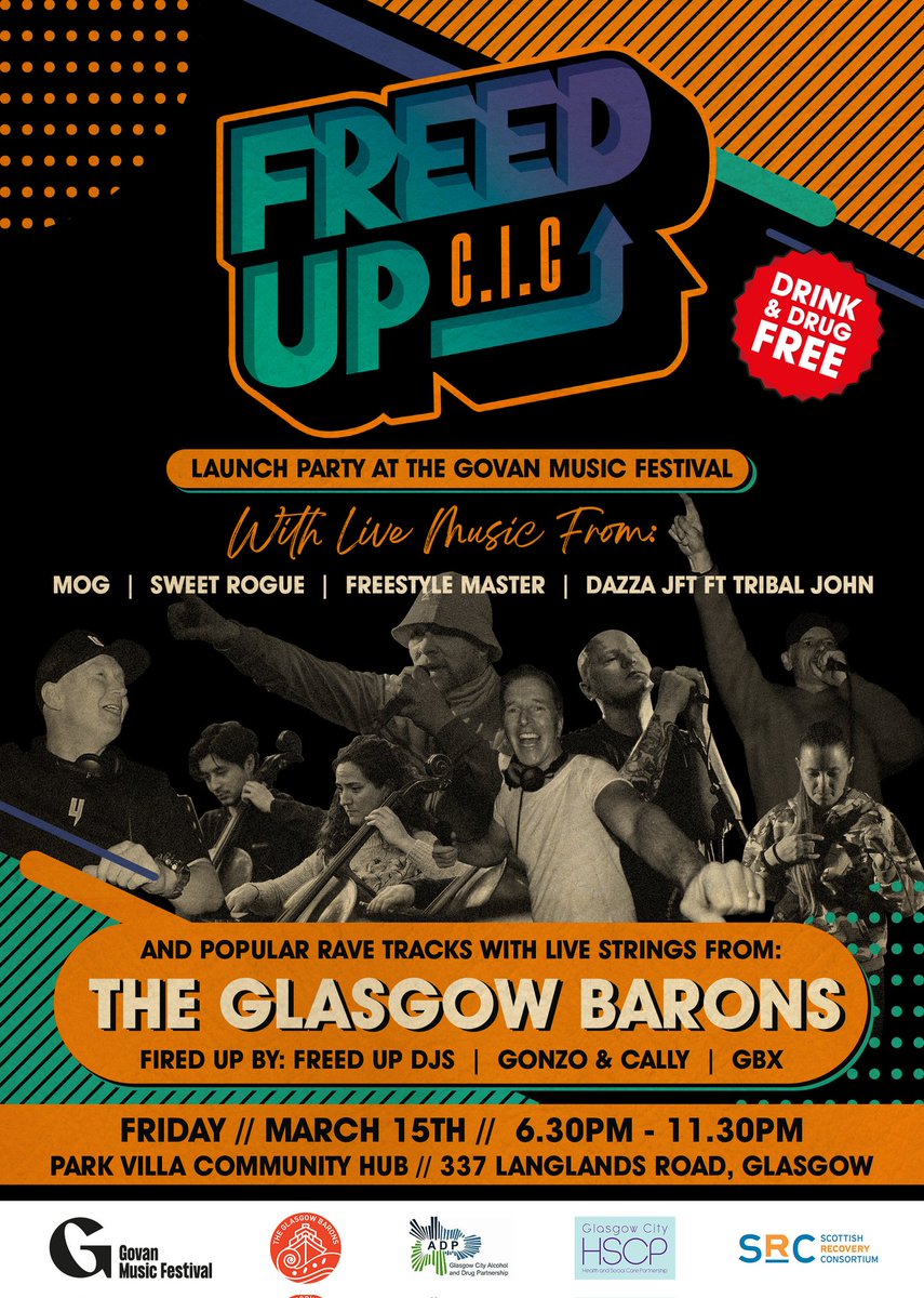 #FreedUp CIC Launch at The #GovanMusicFestival 15th March @parkvillahub with @FreestyleMastur #SweetRogue, #MOG, @GBXANTHEMS Gonzo & MC Cally, with our tribute to @MallorcaLee 30 minutes of tunes performed with live strings from @the_glasgo34314 #alcoholfree #recovery #sober