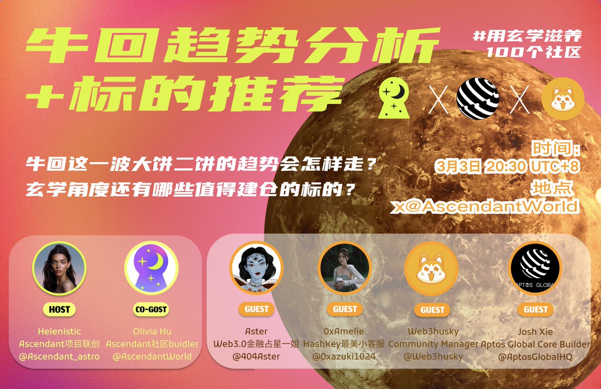 Ascendant中文频道 (@ascendantworld) on Twitter photo 玄学解币Ascendant x Aptos Global x Web3husky:上期推荐的 Zeta、Manta、Ron都涨了;本期继续探索牛回趋势,分享潜力标的🚀!
🕰时间:3月3日 20:30 UTC+8
📷地点:x.com/i/spaces/1OwGW…
🎥主持:
<a href="/AscendantWorld/">Ascendant中文频道</a>
@Ascendant_astro
💎嘉宾:
<a href="/404Aster/">Aster</a>
<a href="/0xazuki1024/">0xAmelie@HashKey</a>
<a href="/Web3husky/">Web3哈士奇</a>
@aptosGlobalHQ 玄学解币Ascendant x Aptos Global x Web3husky:上期推荐的 Zeta、Manta、Ron都涨了;本期继续探索牛回趋势,分享潜力标的🚀!
🕰时间:3月3日 20:30 UTC+8
📷地点:x.com/i/spaces/1OwGW…
🎥主持:
<a href="/AscendantWorld/">Ascendant中文频道</a>
@Ascendant_astro
💎嘉宾:
<a href="/404Aster/">Aster</a>
<a href="/0xazuki1024/">0xAmelie@HashKey</a>
<a href="/Web3husky/">Web3哈士奇</a>
@aptosGlobalHQ