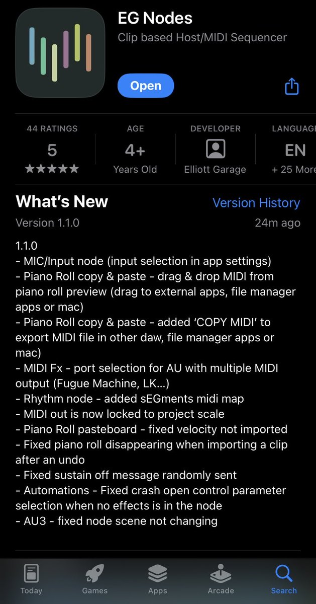 ⁦@ElliottGarage⁩ has updated #EGNodes again! This is MASSIVE!   • MIC/Input node !
• Piano Roll copy & paste ! - drag & drop MIDI from piano roll preview (drag to external apps, file manager apps or Mac) !!
Update yours now on the ⁦@AppStore⁩ apps.apple.com/us/app/eg-node…