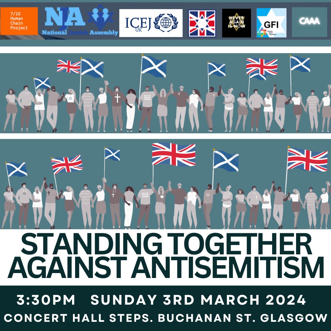 🗓️This Sunday, March 3, 2024, 📍Concert Hall Steps, Buchanan Street, Glasgow 🕞 3:40-4:45 PM Stand in love and solidarity against rising Jew hatred. ✝️💟✝️. We will hear from a Holocaust survivor, call to #bringthemhome, and receive messages of support and love from the…